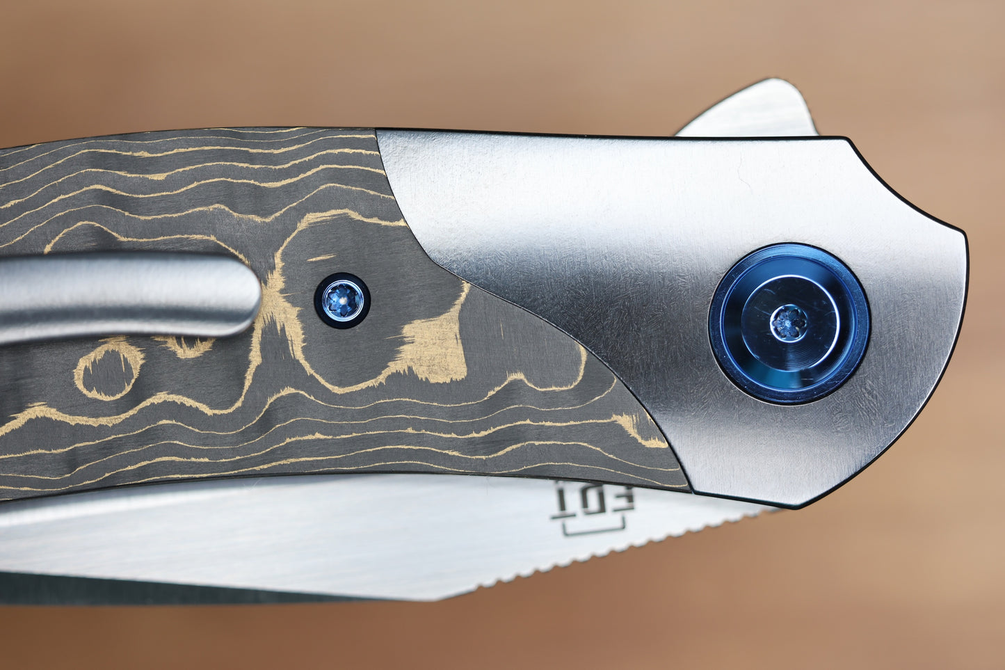 REATE KNIVES FDT TF-4 TITANIUM BLUE HANDLE GOLD CAMO FAT CARBON ZIRCONIUM BOLSTERS M398 BLADE