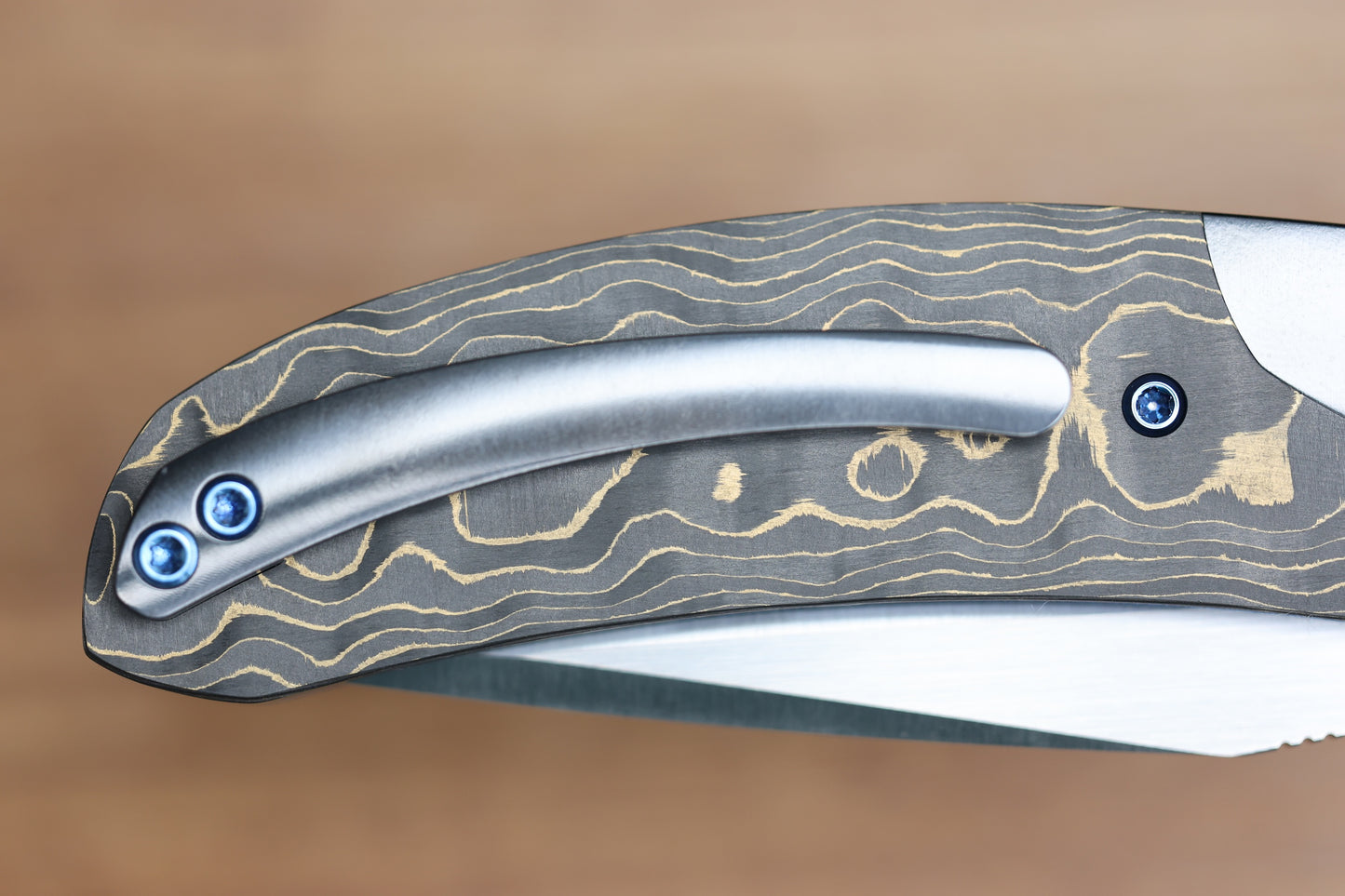 REATE KNIVES FDT TF-4 TITANIUM BLUE HANDLE GOLD CAMO FAT CARBON ZIRCONIUM BOLSTERS M398 BLADE