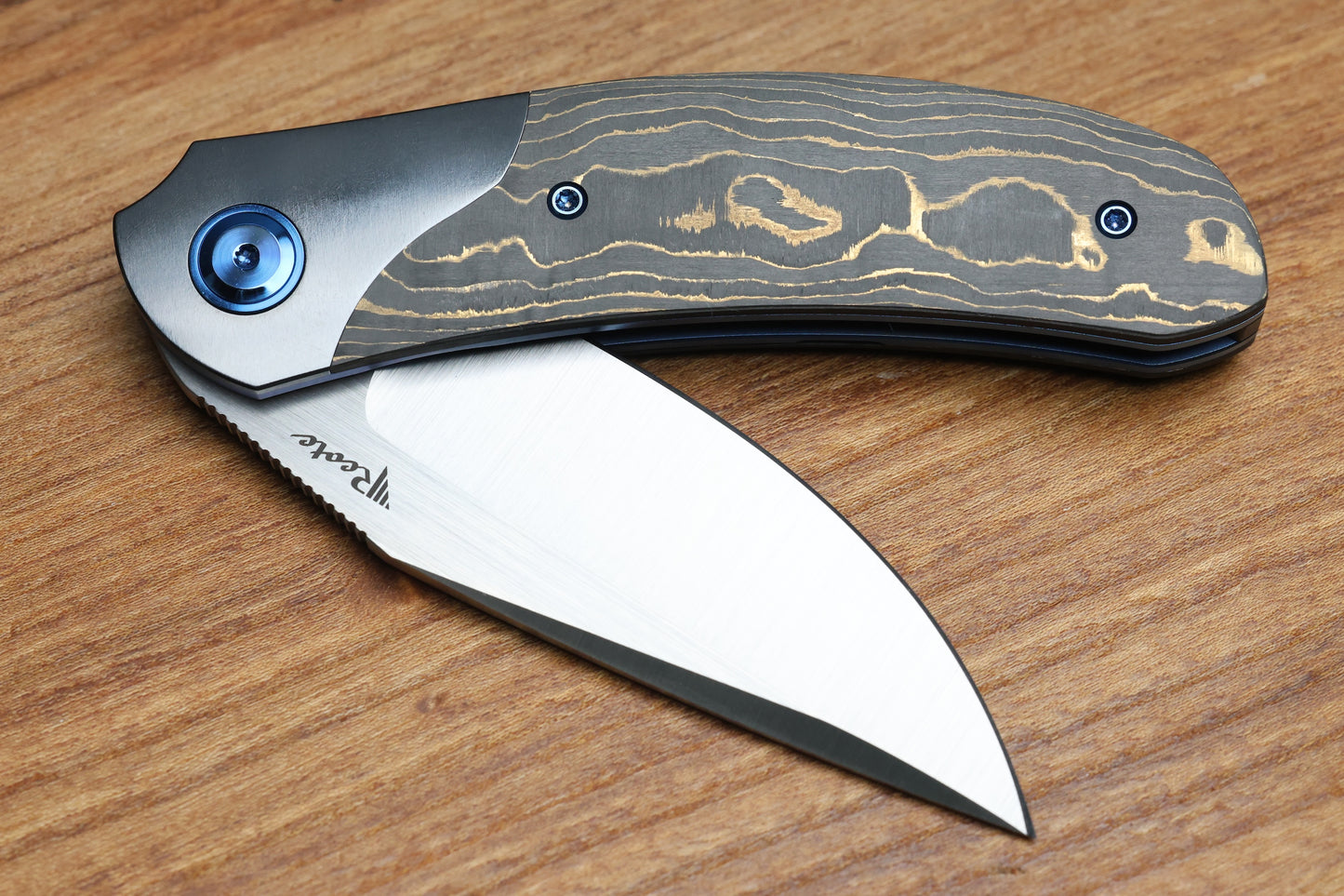 REATE KNIVES FDT TF-4 TITANIUM BLUE HANDLE GOLD CAMO FAT CARBON ZIRCONIUM BOLSTERS M398 BLADE